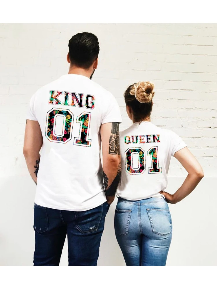 Белая футболка с надписью King Queen модный топ принтом для пар коротким рукавом в