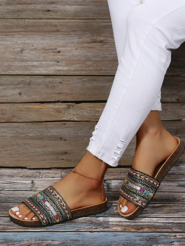 Женские богемные сандалии стразы, эластичные сандалии на плоской подошве с ремешком сзади для пляжного отдыха 
Женские богемные сандалии стразы, эластичные сандалии на плоской подошве с ремешком сзади для пляжного отдыха