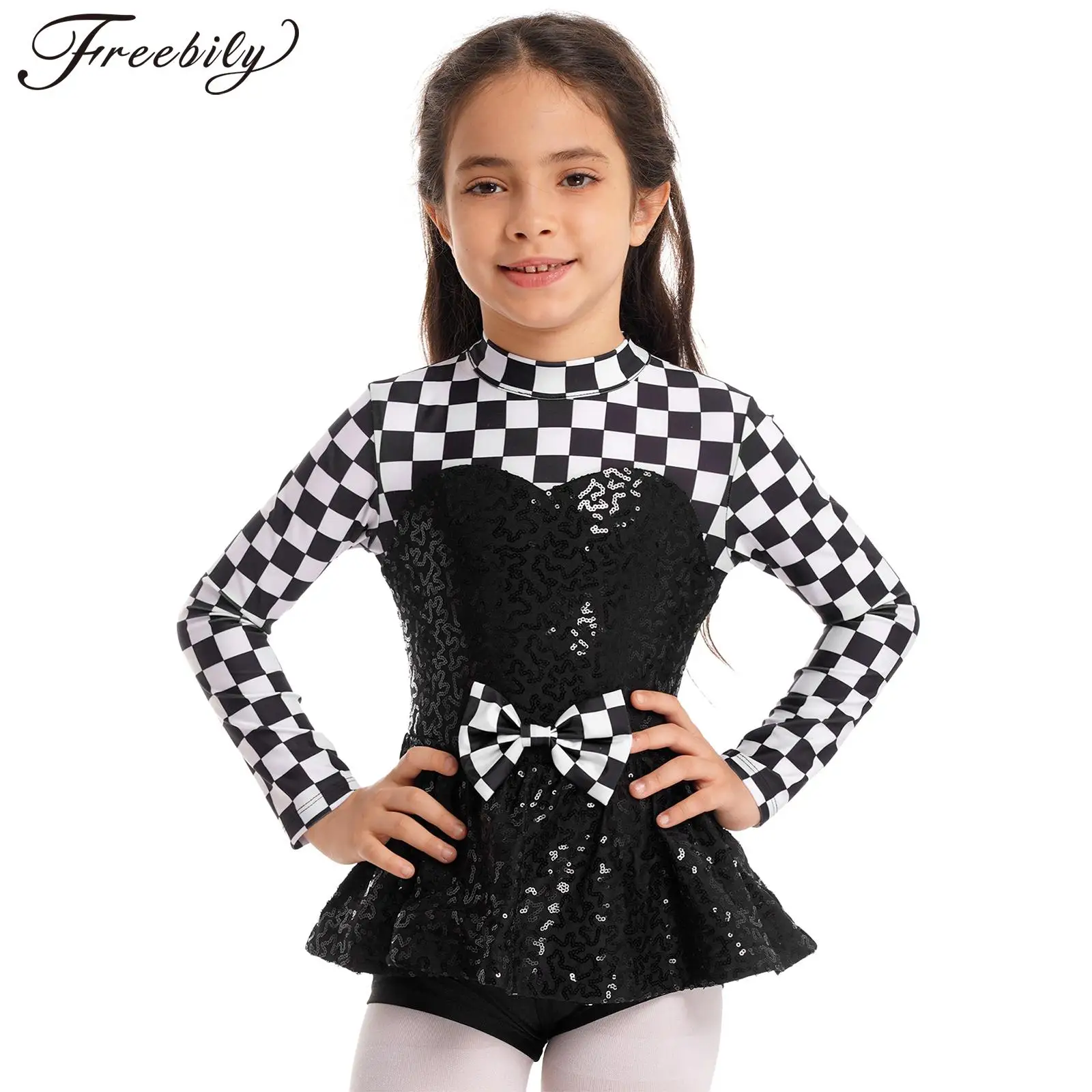 Kids Girls Racer Costume Long Sleeve Sequin Checkerboard Print Bowknot Bodysuit for Halloween Theme Party Cosplay Performance 
Kids Girls Racer Costume Long Sleeve Sequin Checkerboard Print Bowknot Bodysuit for Halloween Theme Party Cosplay Performance