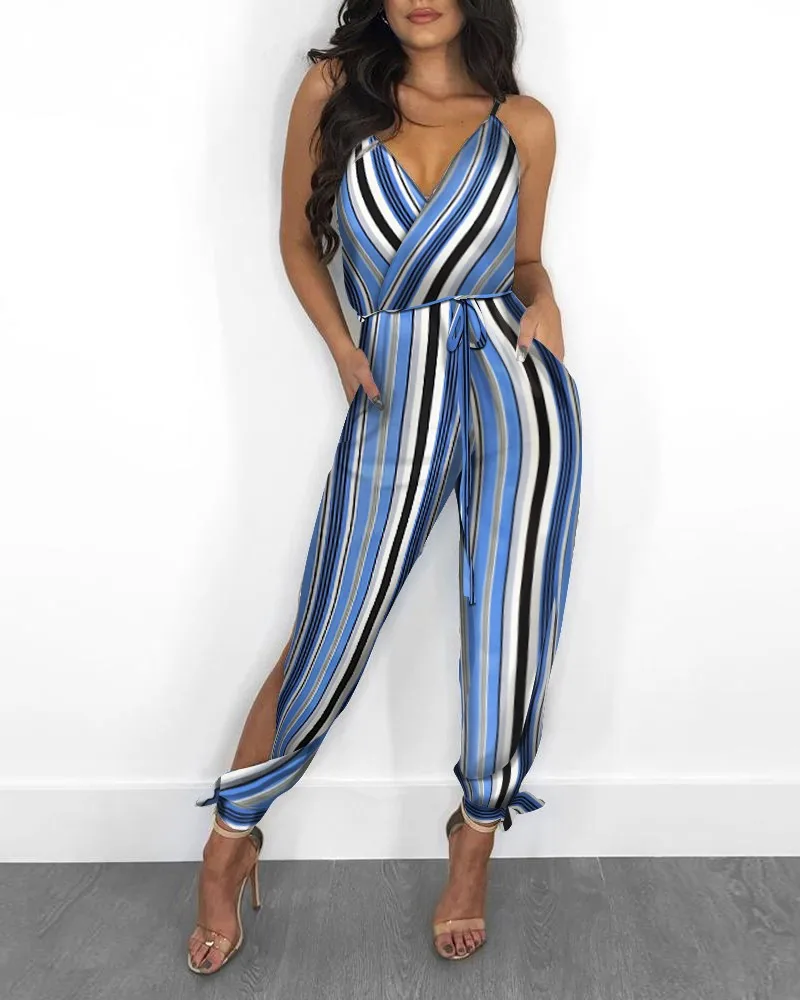

V-Neck Sexy Summer Sling Jumpsuit Strap OL Streetwear Overalls 2022 Women Casual Fashion High Waist Boho Print Slit Rompers