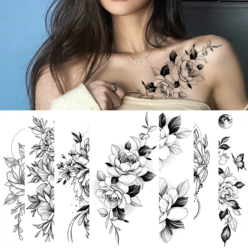 

Водостойкие временные тату-наклейки, черные эскизы, цветок, тату-наклейки, женские сексуальные наклейки на шею, руку, грудь, боди-арт, имитация татуировок
