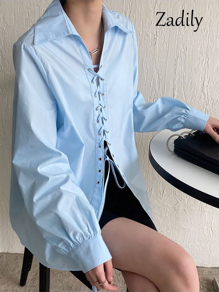 Autumn Streetwear Long Sleeve Bandage Blue Cotton Shirt Women Y2K Sexy Ladies Blouse Fashion Female Clothing Tops
Autumn Streetwear Long Sleeve Bandage Blue Cotton Shirt Women Y2K Sexy Ladies Blouse Fashion Female Clothing Tops