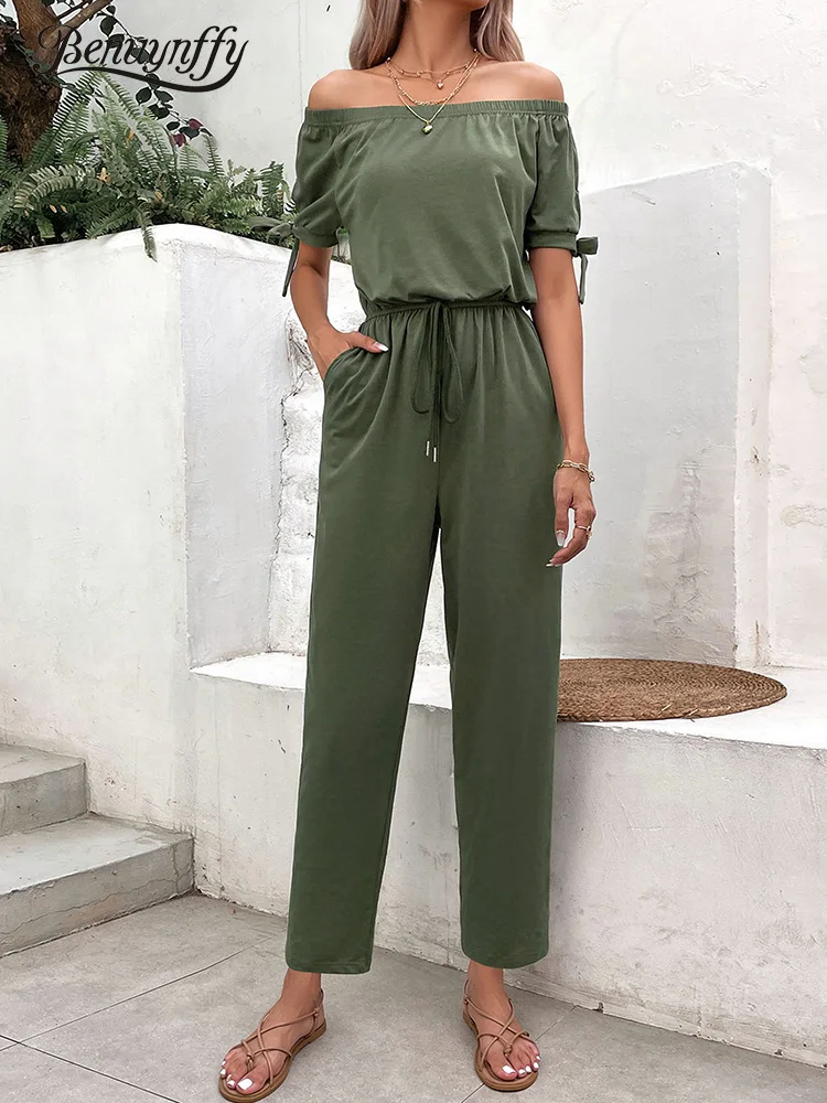 Benuynffy Solid Knot Front Off The Shoulder Jumpsuit Women Fashion 2023 New Summer Short Sleeve Casual Holiday Long Jumpsuits
Benuynffy Solid Knot Front Off The Shoulder Jumpsuit Women Fashion 2023 New Summer Short Sleeve Casual Holiday Long Jumpsuits