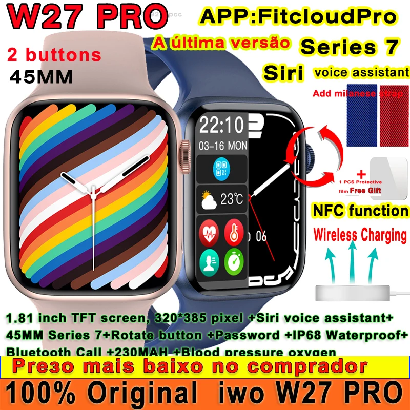 Оригинальные Смарт-часы iwo W27 Pro с функцией NFC Siri 45 мм серия 7 беспроводное зарядное