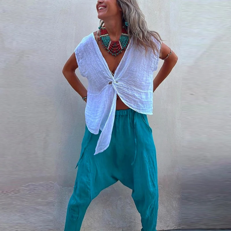 Vintage Women Two-piece Set Harajuku Cotton Linen Harem Pants Casual Outfits Spring Summer Short Sleeve V-Neck Loose Female Suit
Vintage Women Two-piece Set Harajuku Cotton Linen Harem Pants Casual Outfits Spring Summer Short Sleeve V-Neck Loose Female Suit