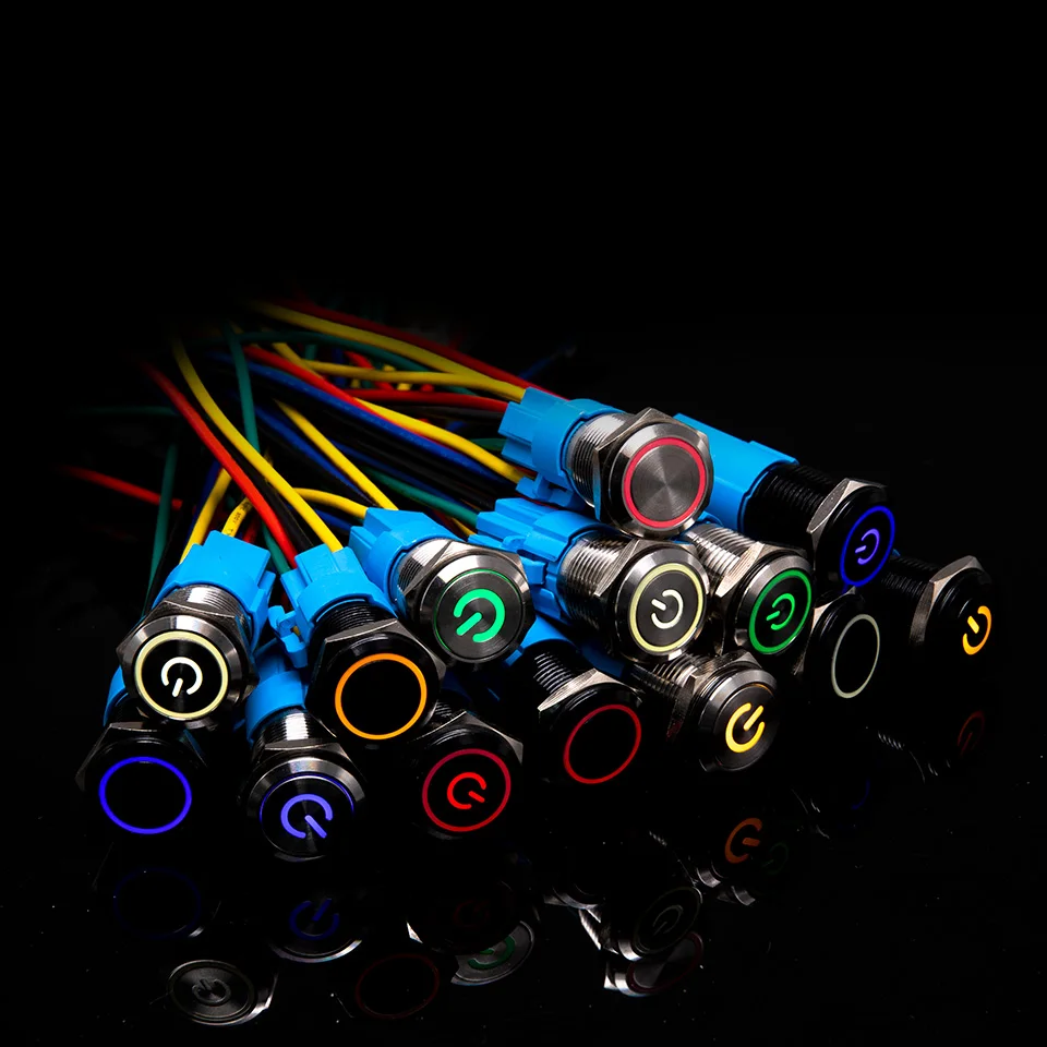 

5V 12V 24V 220V Red Blue Waterproof Metal Push Button Switch LED Light Momentary Latching Car Engine Power Switch 12/16mm