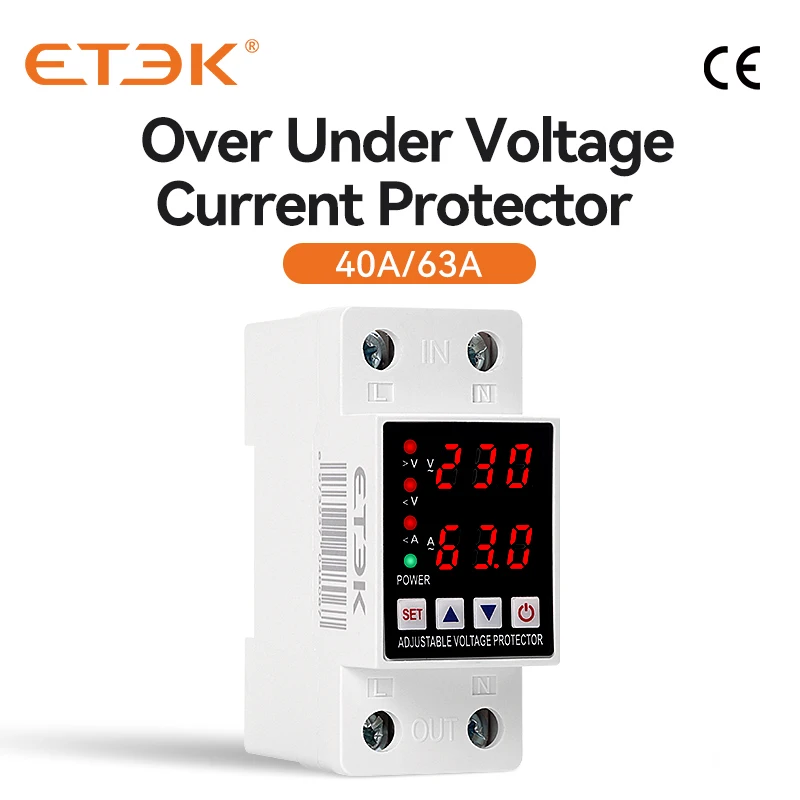 

ETEK Din Rail Adjustabld Over Under Voltage Protective Device and Over Current Protector Relay 40A 63A 220V 230V EKVAP