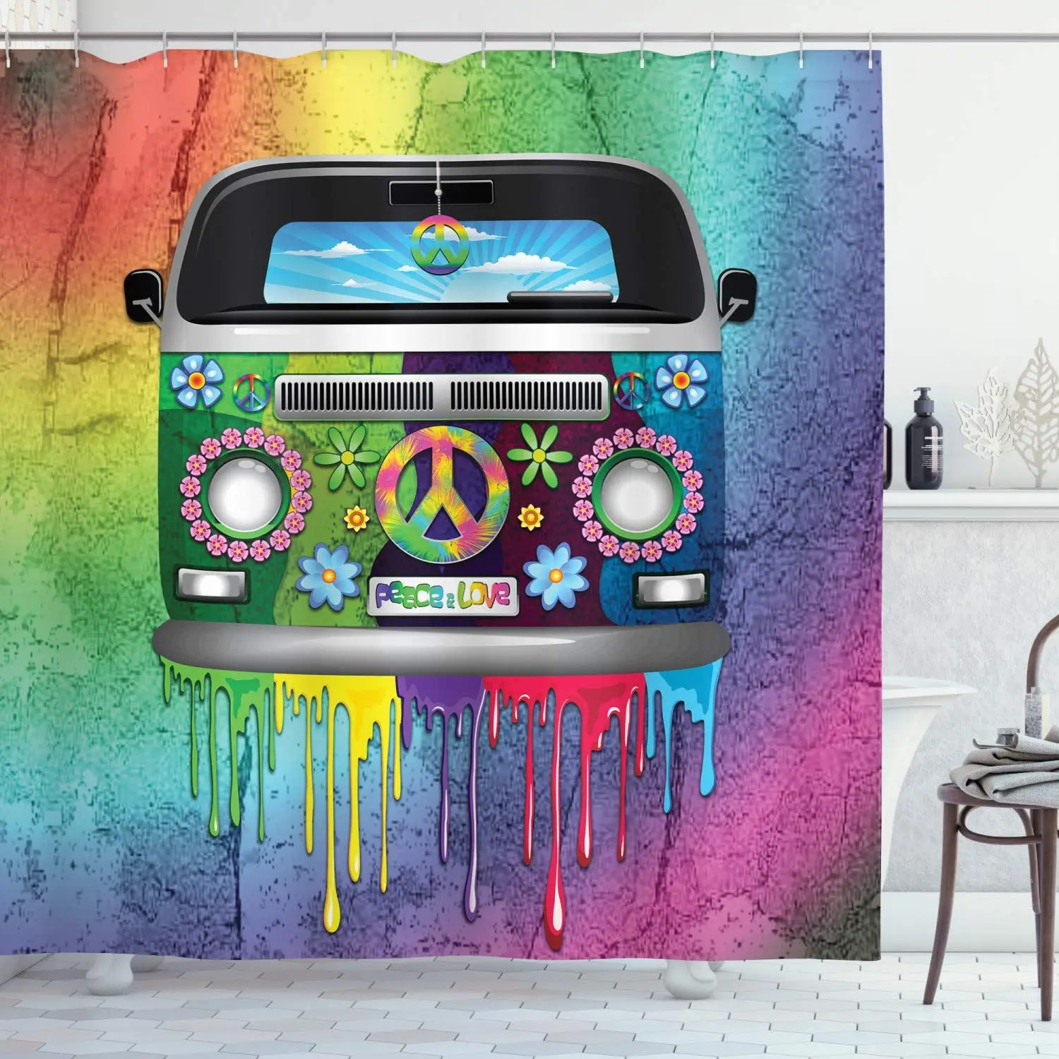 Groovy Shower Curtain, Old Style Hippie Van Dripping Rainbow Paint Mid 60s Youth Revolution Movement Theme, Cloth Fabr
Groovy Shower Curtain, Old Style Hippie Van Dripping Rainbow Paint Mid 60s Youth Revolution Movement Theme, Cloth Fabr