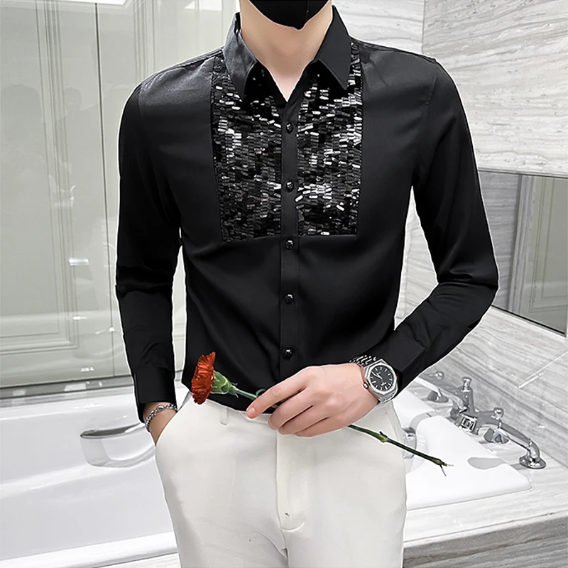 Sequins Chemise Homme De Luxe Fashion Long Sleeved Nightclub Blouse Men Party Prom Black White Mens Tuxedo Shirts Streetwear
Sequins Chemise Homme De Luxe Fashion Long Sleeved Nightclub Blouse Men Party Prom Black White Mens Tuxedo Shirts Streetwear