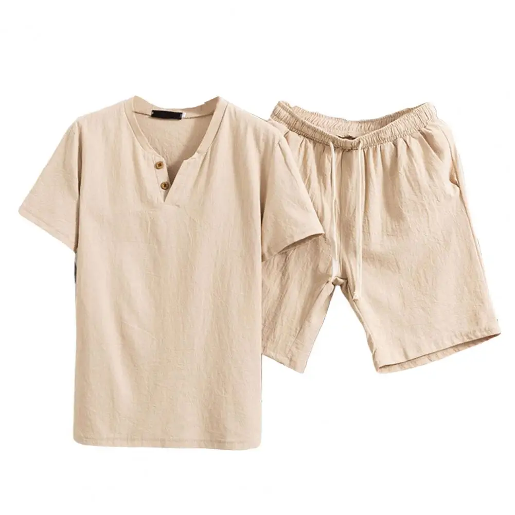 2 Pcs/Set Men T-shirt Shorts Set Solid Color Elastic Waist Loose V Neck Drawstring Deep Crotch Casual Summer Top Shorts Set 
2 Pcs/Set Men T-shirt Shorts Set Solid Color Elastic Waist Loose V Neck Drawstring Deep Crotch Casual Summer Top Shorts Set