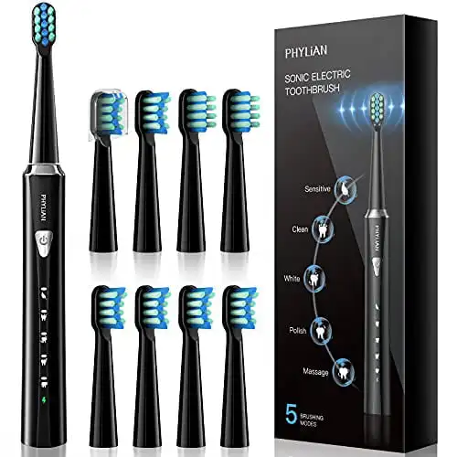 Toothbrush with 8 Duponts Brush Heads 5 Modes 3 Hours Fast Charge for 60 Days Use 40,000 VPM Motor Power Whitening Rechargeable
Toothbrush with 8 Duponts Brush Heads 5 Modes 3 Hours Fast Charge for 60 Days Use 40,000 VPM Motor Power Whitening Rechargeable
