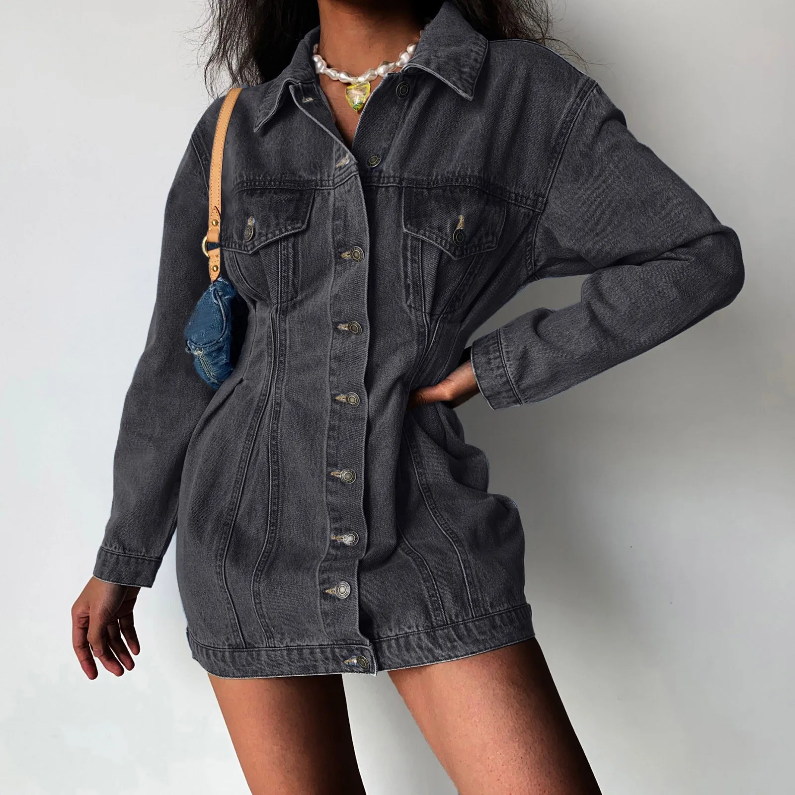 Womens Classic Blue V Collar Long Sleeve Denim Dress Retro Dress Women's Midi Dress
Womens Classic Blue V Collar Long Sleeve Denim Dress Retro Dress Women's Midi Dress