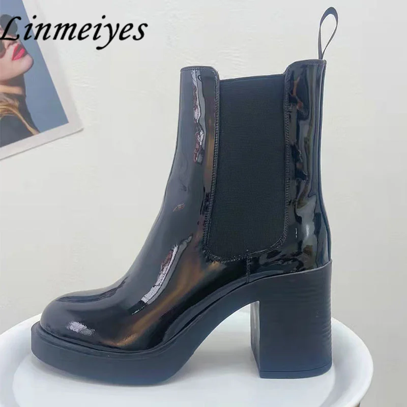 Modern High Heels Ankles Boots Women Patent Leather Round Toe Pumps Shoes Black Beige Elastic Band Square Heels Boots Lady
Modern High Heels Ankles Boots Women Patent Leather Round Toe Pumps Shoes Black Beige Elastic Band Square Heels Boots Lady