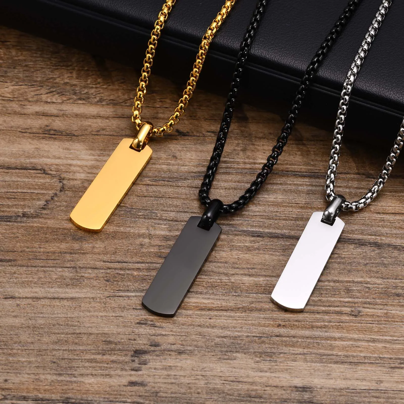 

JHSL Male Men Blank Rectangle Black Tag Pendant Statement Necklace Fashion Jewelry Chain Stainless Steel Gold Silver Color