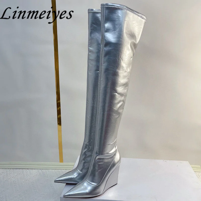 

Fashion Thigh High Boots Women Patent Leather Pointy Toe High Heels Shoes Zipper Over-the-Knee Wedges Heels Modern Boots Lady