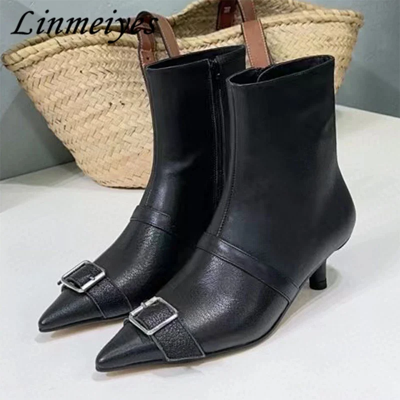 New Kitten Heels Short Boots Woman Genuine Leather Pointed Toe Runway Shoes Women Belt Buckle High Heels Ankle Boots For Women
New Kitten Heels Short Boots Woman Genuine Leather Pointed Toe Runway Shoes Women Belt Buckle High Heels Ankle Boots For Women