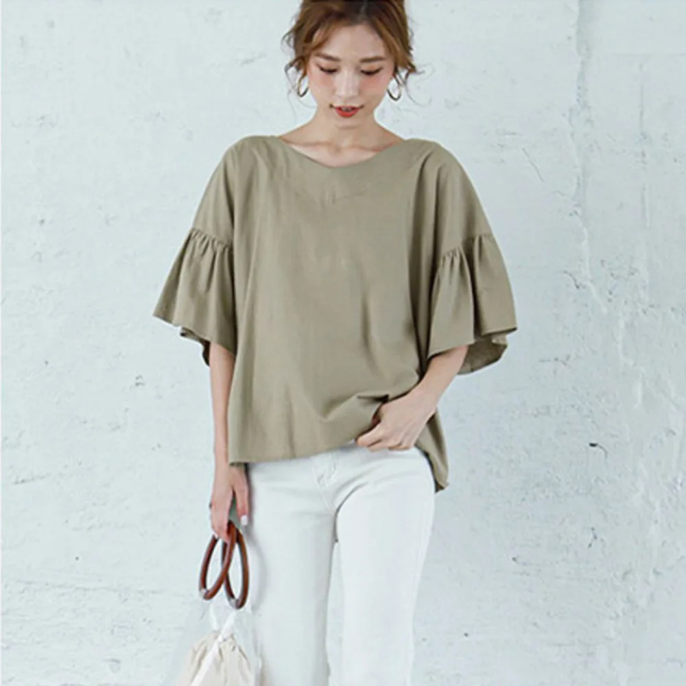Женская футболка с коротким рукавом и V-образным вырезом, однотонный Свободный Повседневный пуловер из хлопка и льна, лето 2023 
Женская футболка с коротким рукавом и V-образным вырезом, однотонный Свободный Повседневный пуловер из хлопка и льна, лето 2023