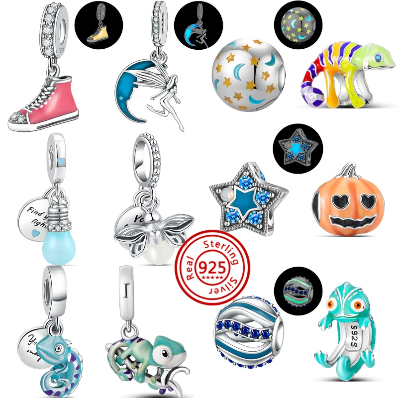 

925 Silver Glow-in-the-dark Firefly Light Bulb Stars Moon Shoes Sparkling Beads Fit Original Pandora Charms Bracelet DIY Jewelry