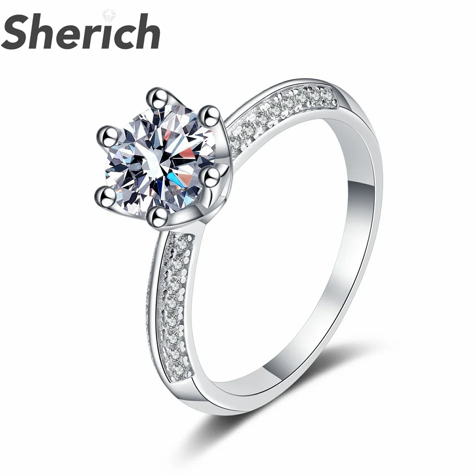 

Sherich 2022 New 0.5-2ct Moissanite S925 Sterling Silver Fashion Sparkling Charming Women's Ring with Side Diamonds Fine Jewelry