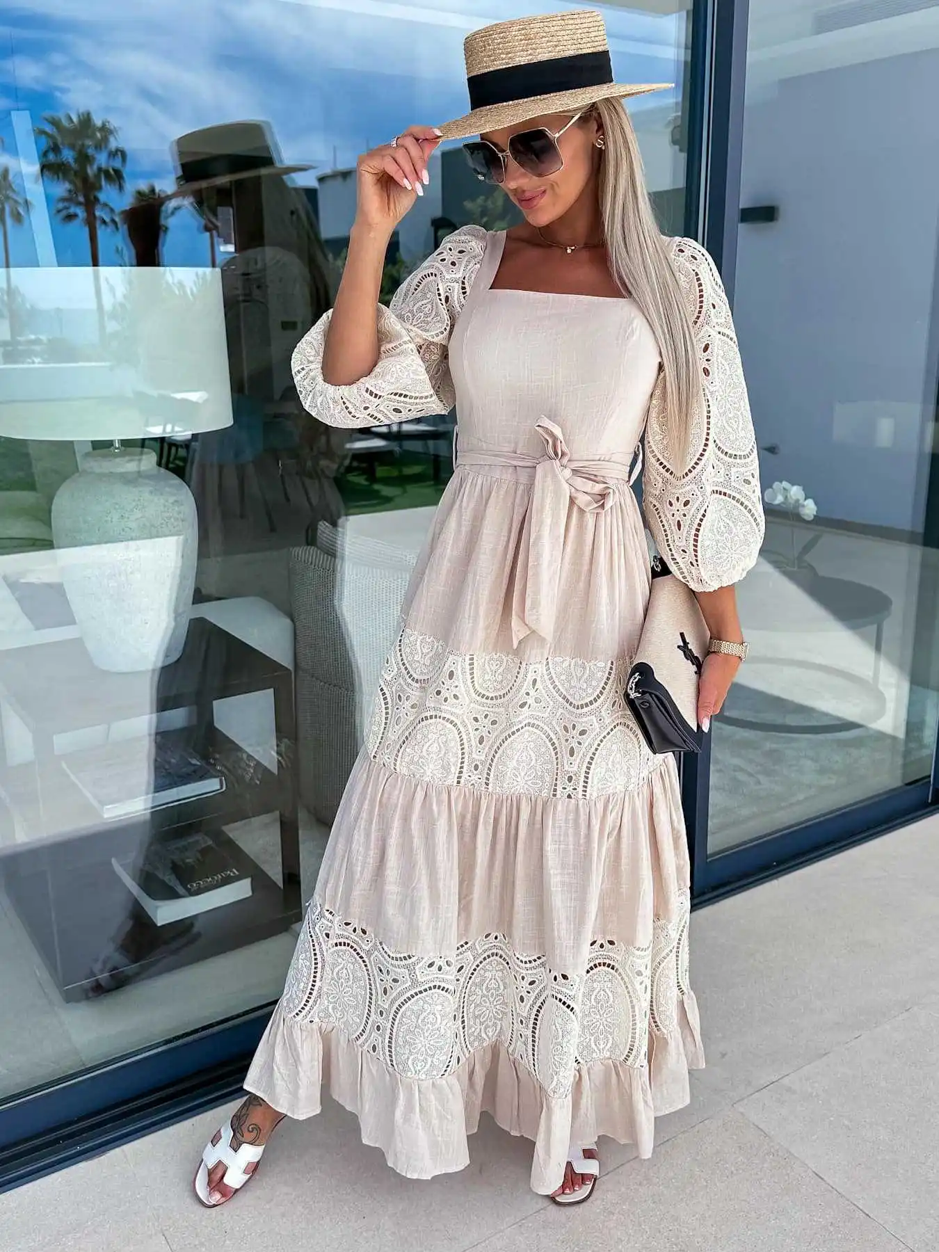 Women Retro Loose Beach Dress Fashion New Lace Patchwork Ladies Elegant Dress Temperament Square Collar Tie-Up Ruched Maxi Dress
Women Retro Loose Beach Dress Fashion New Lace Patchwork Ladies Elegant Dress Temperament Square Collar Tie-Up Ruched Maxi Dress