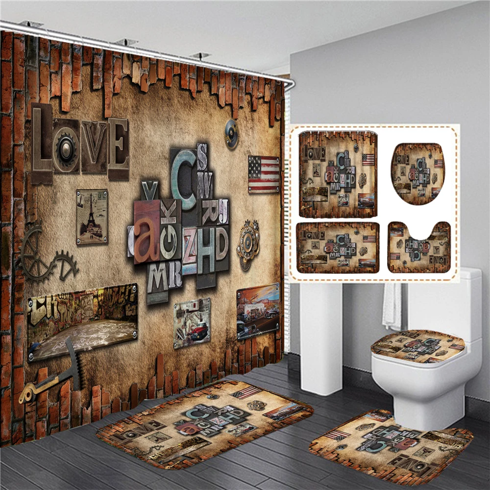 Retro Nostalgic Industrial letter style Shower Curtain Set with Non-Slip Rug Toilet Lid Cover Bath Mat Waterproof Bathroom Decor
Retro Nostalgic Industrial letter style Shower Curtain Set with Non-Slip Rug Toilet Lid Cover Bath Mat Waterproof Bathroom Decor