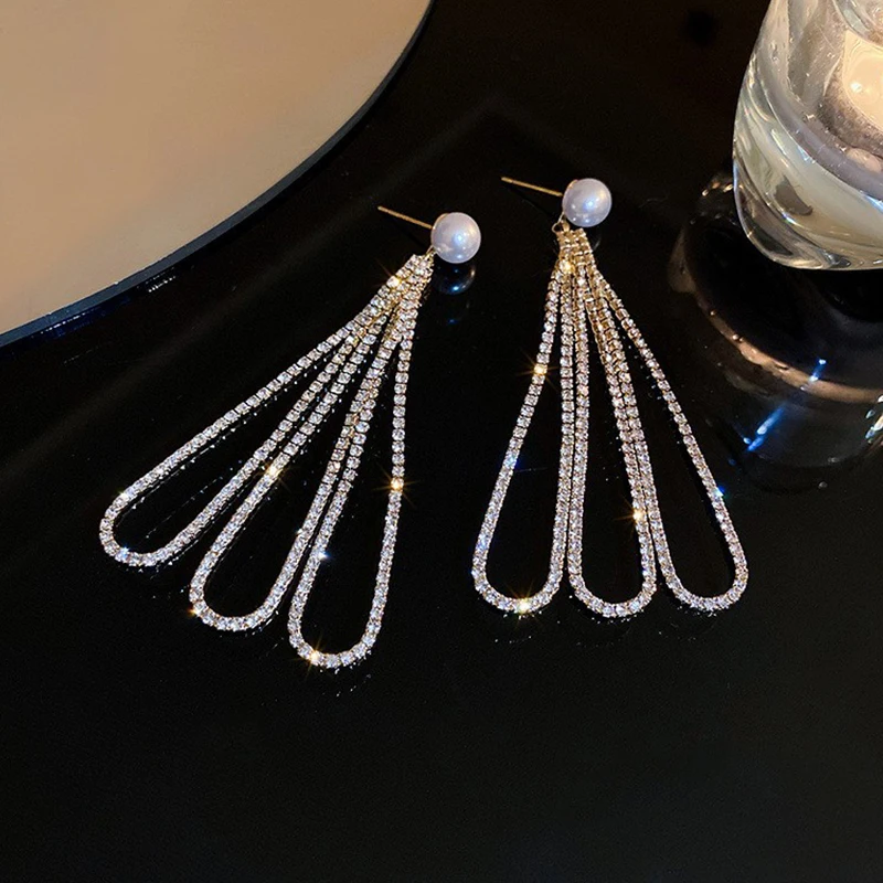 

Multilayer Long Tassel Water Drop Rhinestone Pearl Earrings for Women Bijoux Geometric Crystal Dangle Earrings Statement Jewelry