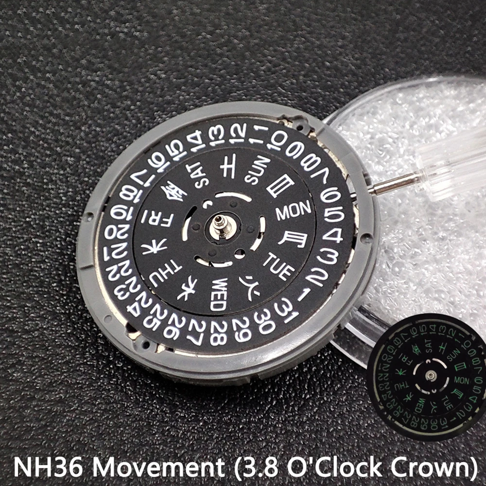 NH36A Mechanical Watch Movement Black Datewheel with Green Luminous Dial 3.8 O'Clock Crown Mechanis Replacement Parts
NH36A Mechanical Watch Movement Black Datewheel with Green Luminous Dial 3.8 O'Clock Crown Mechanis Replacement Parts