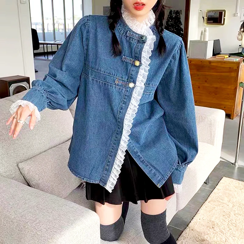 Vintage Denim Shirt Women Spring Chic New Lace Patchwork Tops Women Single-Breasted Korean Streetwear Women's Blouses SL384
Vintage Denim Shirt Women Spring Chic New Lace Patchwork Tops Women Single-Breasted Korean Streetwear Women's Blouses SL384