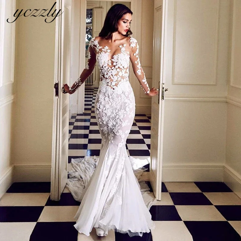 Yczzly Mermaid Lace Wedding Dress Long Sleeves O-neck Appliqued Bridal Gown Sexy Illusion Buttons Robes De Mariée YW310
Yczzly Mermaid Lace Wedding Dress Long Sleeves O-neck Appliqued Bridal Gown Sexy Illusion Buttons Robes De Mariée YW310
