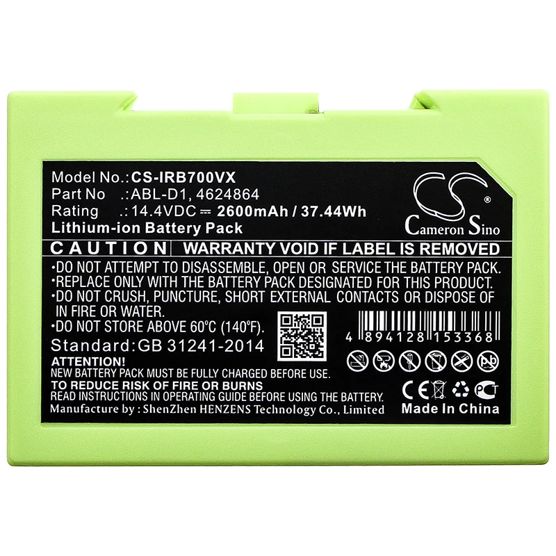 Cameron Sino 2600mAh/3400mAh/5200mAh/6800mAh battery for Roomba i7, i7+, e5, 7150, 7550, 5150, e5150, e515020, e5152, e5154, e6
Cameron Sino 2600mAh/3400mAh/5200mAh/6800mAh battery for Roomba i7, i7+, e5, 7150, 7550, 5150, e5150, e515020, e5152, e5154, e6