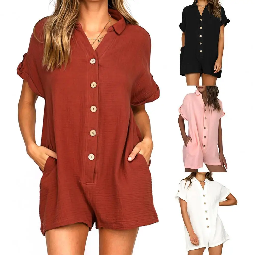 Комбинезон женский однотонный на пуговицах, с отложным воротником и высокой талией 
Комбинезон женский однотонный на пуговицах, с отложным воротником и высокой талией