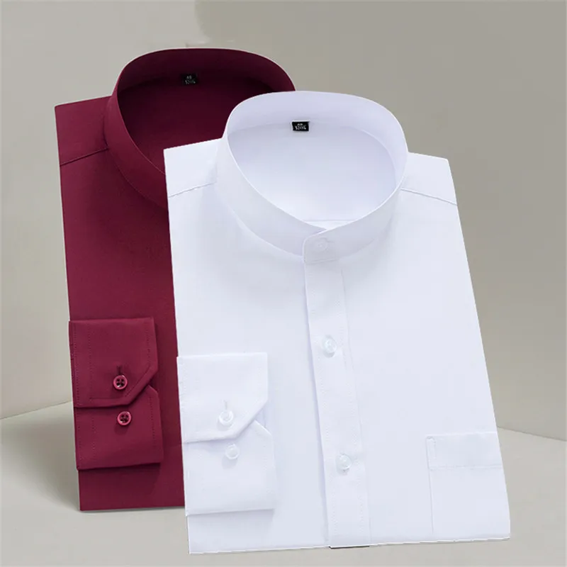 

Collar Collar Fit Regular Mandarin Shirts Party Stand Formal Sleeve Bussiness Men Chinese Long Solid For Plain