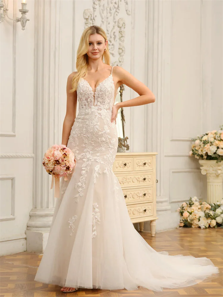 Mermaid/Trumpet Sleeveless Tulle Long Wedding Dresses With Appliques Elegant Sweetheart Backless Court Train Dresses For Wedding 
Mermaid/Trumpet Sleeveless Tulle Long Wedding Dresses With Appliques Elegant Sweetheart Backless Court Train Dresses For Wedding