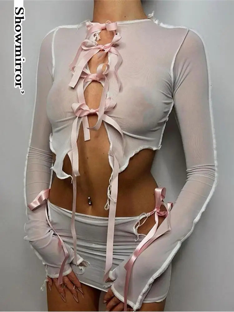 Showmirror Mesh See Through Two Piece Women Unique Ribbons Bandage Irregulary Shape Croped Tops Hollow Out Skirts Street A
Showmirror Mesh See Through Two Piece Women Unique Ribbons Bandage Irregulary Shape Croped Tops Hollow Out Skirts Street A