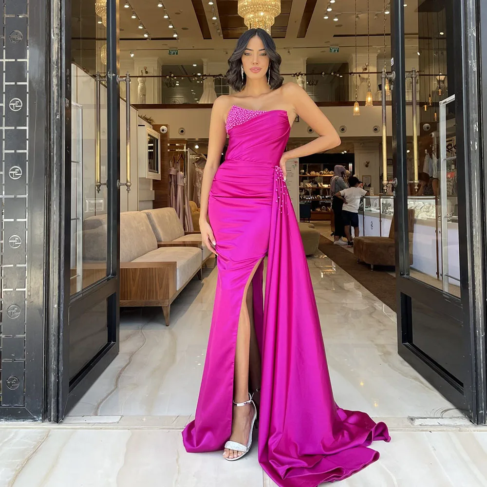 High Quality Evening Dress For Women Strapless Sleeveless Zipper Prom Dress Beading Side Split Sweep Train Satin Robes De Soirée
High Quality Evening Dress For Women Strapless Sleeveless Zipper Prom Dress Beading Side Split Sweep Train Satin Robes De Soirée