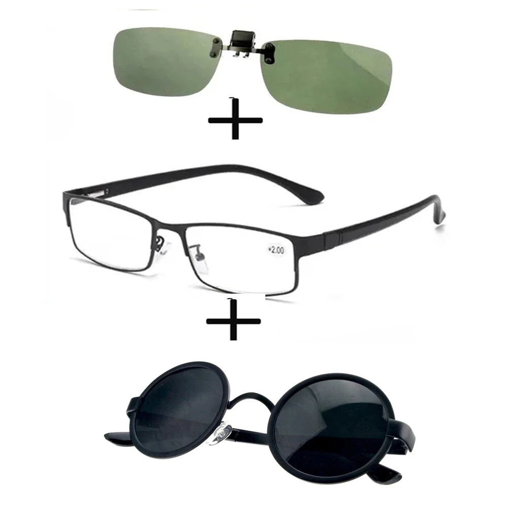 

3 шт.! Прямоугольные металлические деловые очки для чтения для мужчин и женщин + круглые поляризованные солнцезащитные очки спортивные металлические + солнцезащитные очки с зажимом