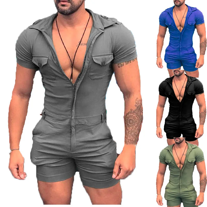 Summer trim solid color Korean style zipper shirt men's short sleeved shorts onesie
Summer trim solid color Korean style zipper shirt men's short sleeved shorts onesie