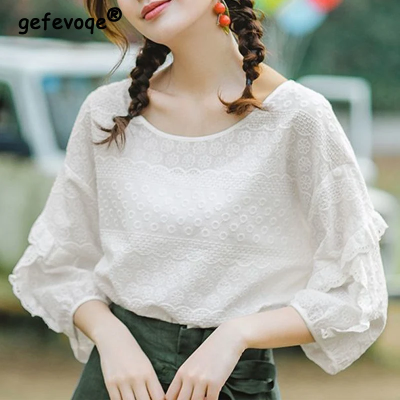 Vintage Embroidery Lace Sweet Cotton Blouse Women 2022 Summer Casual O Neck Half Sleeves White Shirts Ladies Loose Pullover Tops
Vintage Embroidery Lace Sweet Cotton Blouse Women 2022 Summer Casual O Neck Half Sleeves White Shirts Ladies Loose Pullover Tops