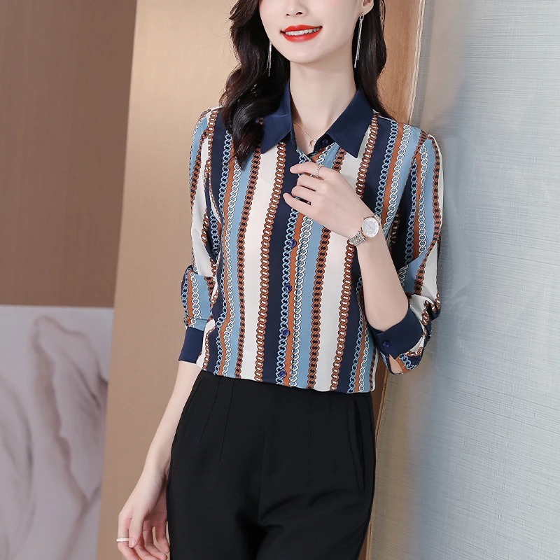 Satin Loose Women's Blouses New Fashion Polo Shirt Summer Casual Long Sleeve Female Clothing Stripe Top
Satin Loose Women's Blouses New Fashion Polo Shirt Summer Casual Long Sleeve Female Clothing Stripe Top
