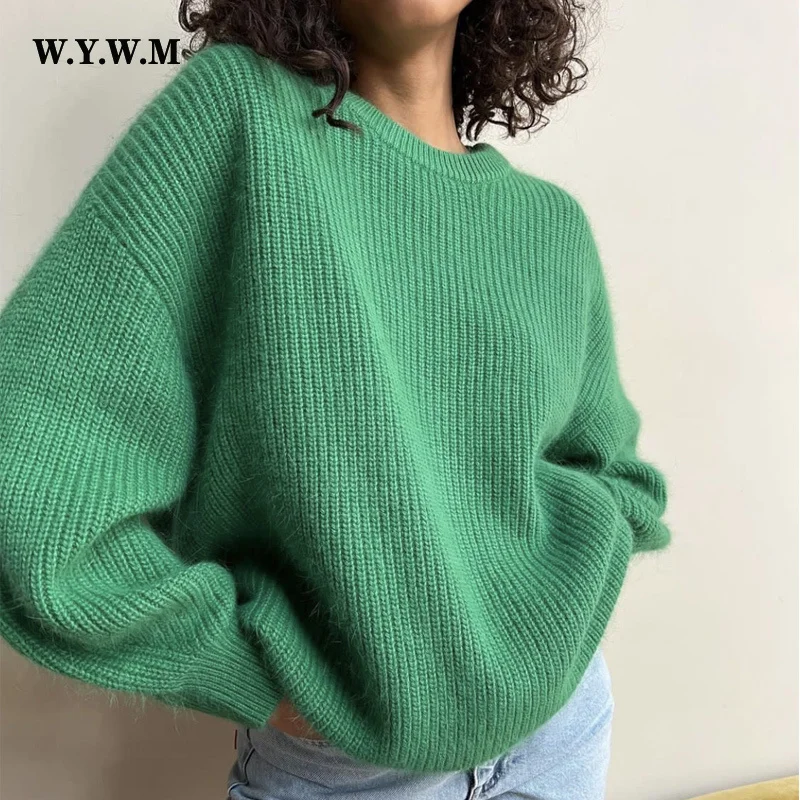

Wywm Loose Fleece Knitted Sweaters Women 2022 Winter Solid Female Pullovers Warm Cashmere o Neck Knitwear Jumper