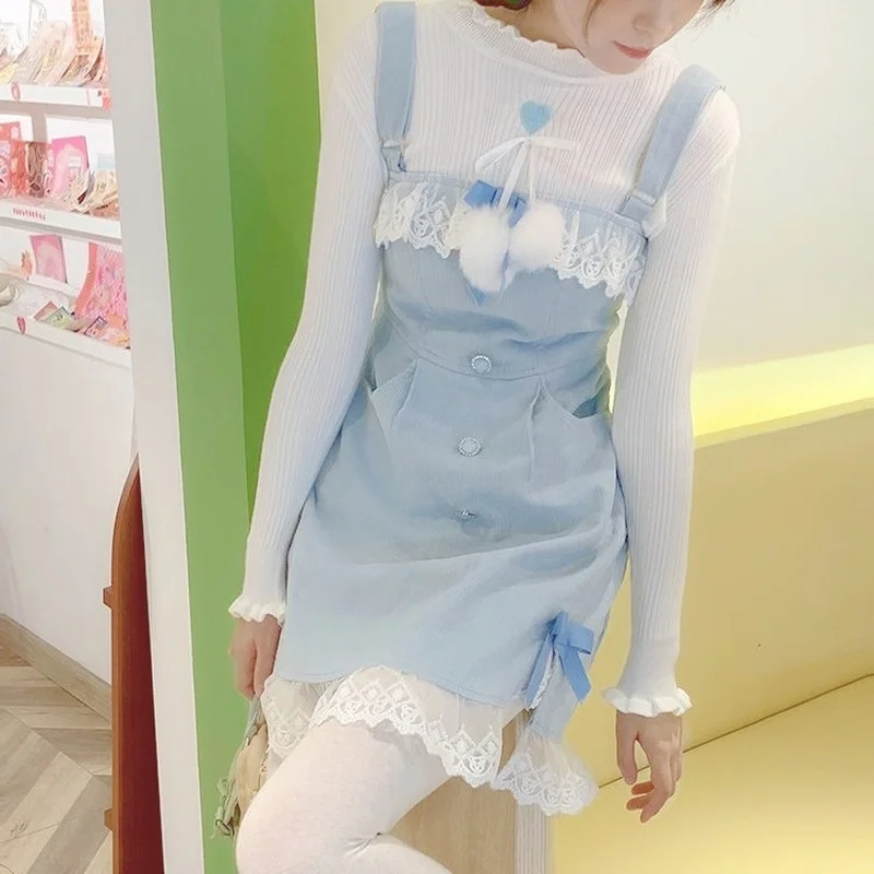 Blue Lolita Kawaii Strap Dress Women Japanese Lace Patchwork Sweet Mini Dress Female Korean Split Bow Designer Cute Dress 2021 
Blue Lolita Kawaii Strap Dress Women Japanese Lace Patchwork Sweet Mini Dress Female Korean Split Bow Designer Cute Dress 2021