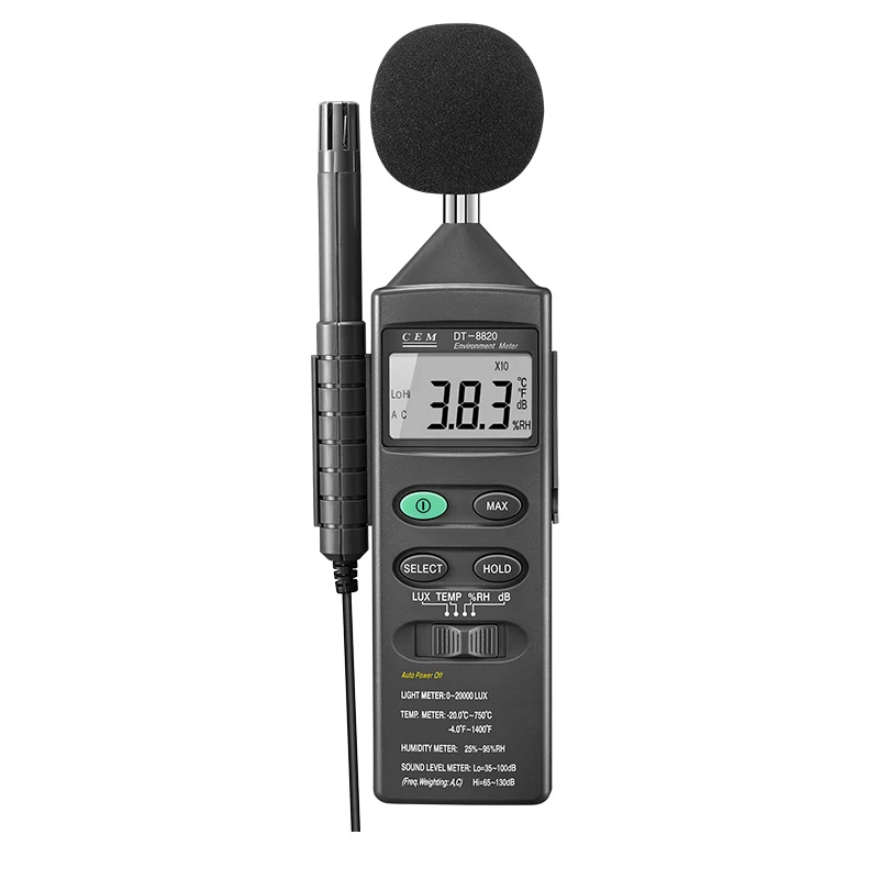 4 in 1 Multifunction Environment Meter Humidity/Temperature Llluminance Thermocouple DT-8820 Sound Level Meter
4 in 1 Multifunction Environment Meter Humidity/Temperature Llluminance Thermocouple DT-8820 Sound Level Meter