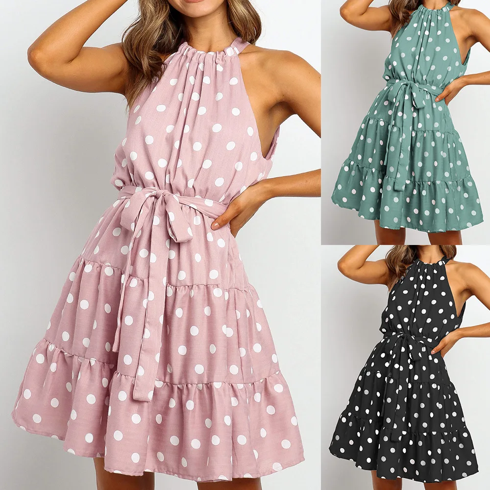 Women's Dot Print Dress Sleeveless Halter Lace Up Loose Mini Dress Fashion Ladies Back Hollow Out Bandage Dress
Women's Dot Print Dress Sleeveless Halter Lace Up Loose Mini Dress Fashion Ladies Back Hollow Out Bandage Dress