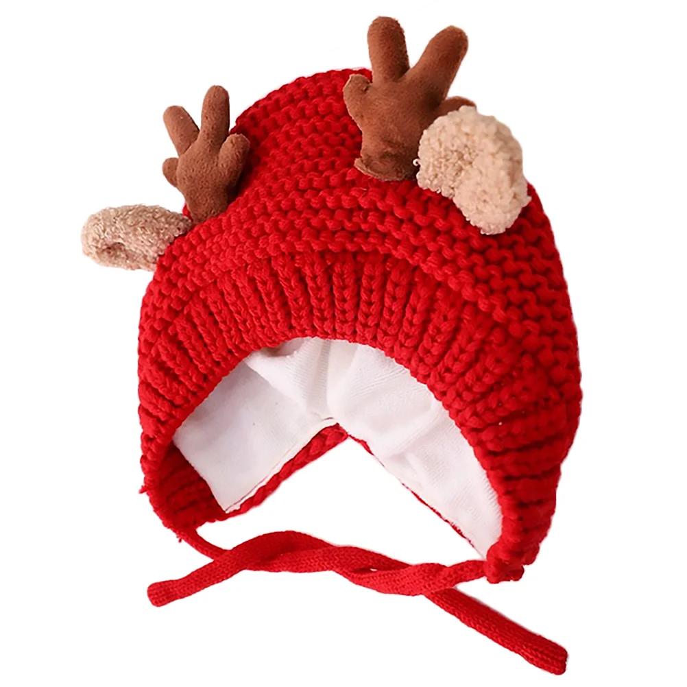 

Christmas Antler Hat Baby Fleece Lined Knitted Hats Winter Yarn Cap Crochet Warm Lovely Keep