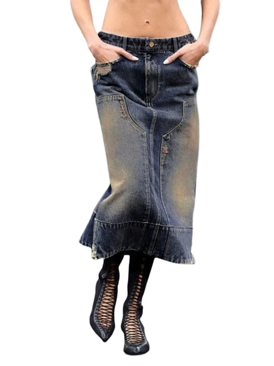 Women Washed Distressed Denim Skirts Low Waist Retro Splice Fashion Ripped Jeans Skirts Spring Back Slit Skirts Streetwear
Women Washed Distressed Denim Skirts Low Waist Retro Splice Fashion Ripped Jeans Skirts Spring Back Slit Skirts Streetwear