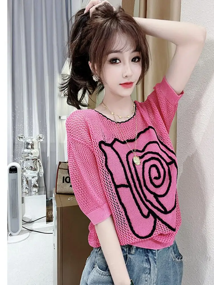 Fashion Flower Jacquard Short-Sleeved Knitted T Shirt 2022 Summer Women's New Hollow Thin Loose Top Casual All-Match
Fashion Flower Jacquard Short-Sleeved Knitted T Shirt 2022 Summer Women's New Hollow Thin Loose Top Casual All-Match