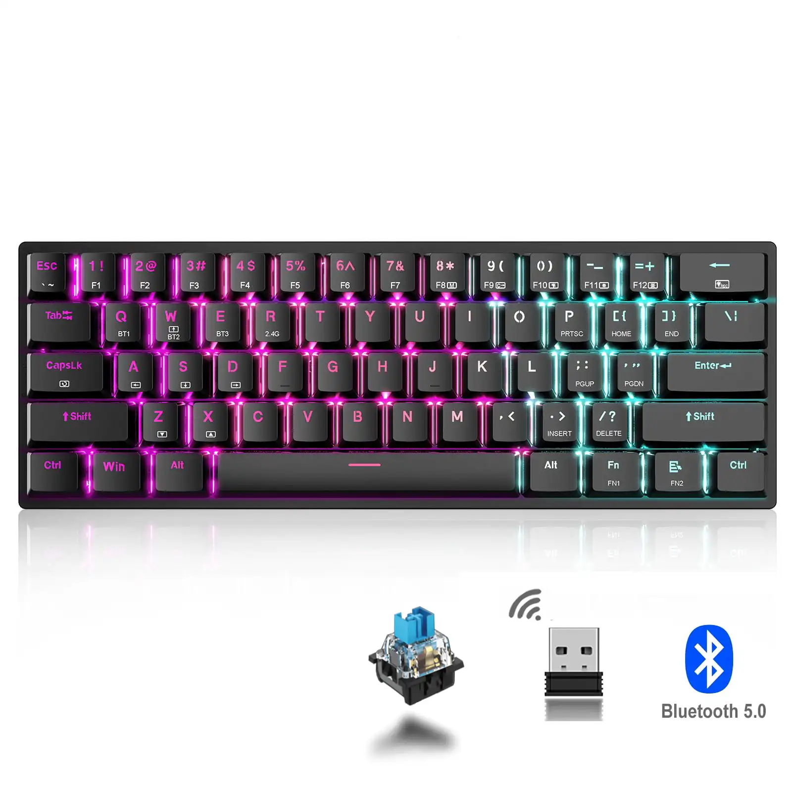 60% Wireless Mechanical Gaming Keyboard, 2.4G/USB-C/Bluetooth Keyboard with RGB Backlit, Blue Switch 61 Keys Mini Portable Keyb
60% Wireless Mechanical Gaming Keyboard, 2.4G/USB-C/Bluetooth Keyboard with RGB Backlit, Blue Switch 61 Keys Mini Portable Keyb