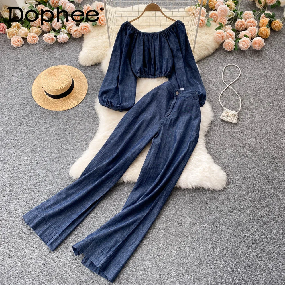 Denim Pants 2 Piece Set Women Retro Sexy Off-Shoulder Long Sleeve Shirt Tops + High Waist Wide-leg Pants Denim Two-Piece Suit
Denim Pants 2 Piece Set Women Retro Sexy Off-Shoulder Long Sleeve Shirt Tops + High Waist Wide-leg Pants Denim Two-Piece Suit