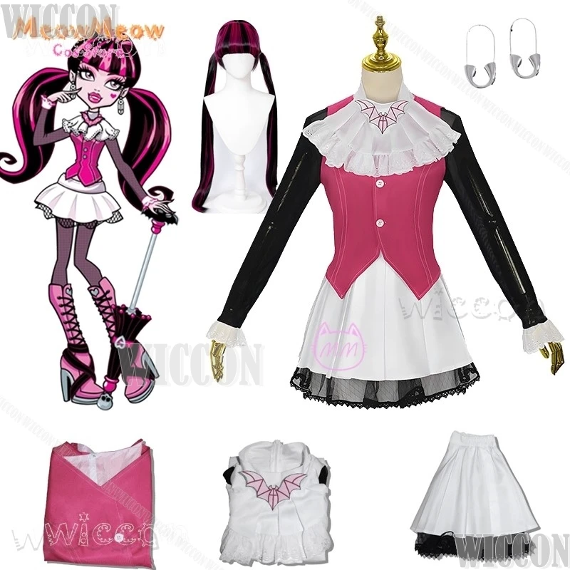 Monster Draculaura High Косплей Розовая Юбка Платье Высокая Девушка Костюм Парик Хэллоуин