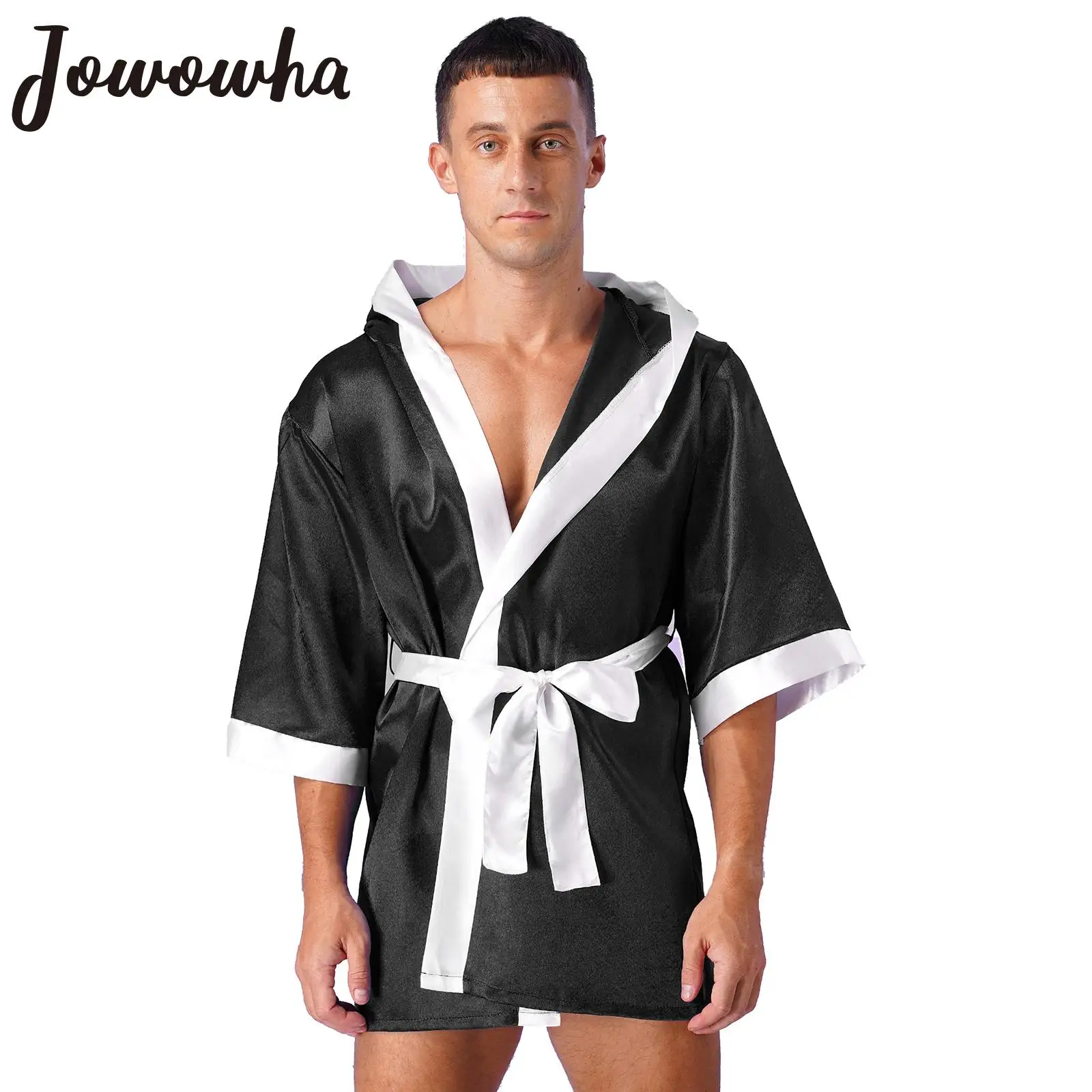 Mens Hooded Boxing Robe with Belt Contrast Edge Satin Boxer Jackets Halloween Party Cosplay Costumes Kickboxing Competitions
Mens Hooded Boxing Robe with Belt Contrast Edge Satin Boxer Jackets Halloween Party Cosplay Costumes Kickboxing Competitions